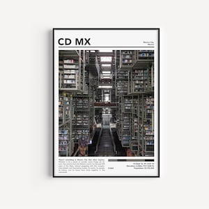 May include: A framed print featuring a photograph of a library interior in Mexico City. The print has the text "CD MX" at the top, with additional text and data at the bottom. The library's architecture is characterized by rows of bookshelves.
