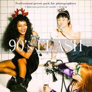 May include: Three friends pose in a bathroom setting, wearing festive attire and holding drinks. The text "90's FLASH" is displayed in a large, white font across the image.