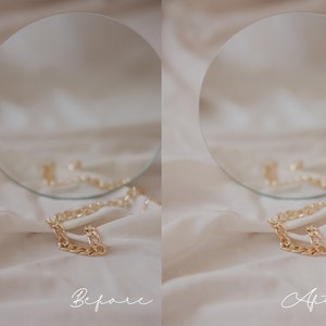 May include: A gold chain necklace on a white fabric background. The chain is laying on a round mirror. The words "Before" and "After" are written on the fabric.
