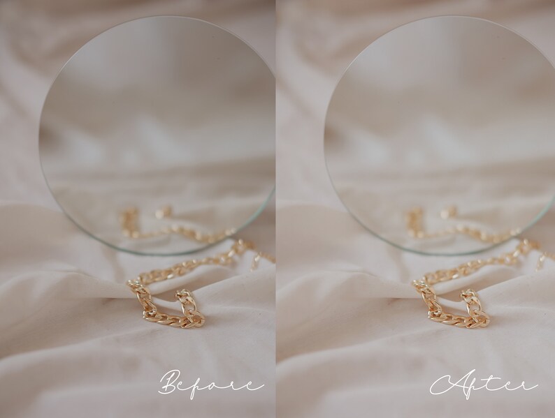 May include: A gold chain necklace on a white fabric background. The chain is laying on a round mirror. The words "Before" and "After" are written on the fabric.
