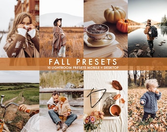 May include: A set of 10 Lightroom presets for mobile and desktop, designed to enhance photos with a fall theme. The presets are named "Fall Presets" and are displayed on a collage of images featuring autumnal scenes, including a woman in a brown coat, a cup of coffee, a pumpkin, a lake, a child in a blue sweater, and a couple with a child.