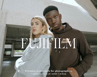 May include: Two people wearing hoodies stand in a parking garage. The person on the left is wearing a gray hoodie with a small logo. The person on the right is wearing a brown hoodie with the text "Seyit Studios" in orange. The text "FUJIFILM" is in large white letters across the middle of the image. The text "Premium preset pack for photographers" is below the text "FUJIFILM". The text "5 Lightroom presets for mobile + desktop" is below the text "Premium preset pack for photographers".