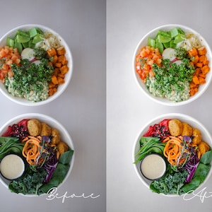 May include: Two white bowls filled with colorful ingredients, including chopped vegetables, chickpeas, and a creamy sauce. The bowl on the left is before editing, and the bowl on the right is after editing, showing a more vibrant and colorful image.