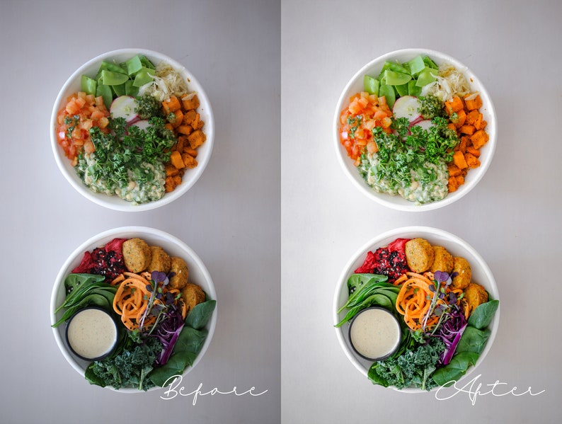 May include: Two white bowls filled with colorful ingredients, including chopped vegetables, chickpeas, and a creamy sauce. The bowl on the left is before editing, and the bowl on the right is after editing, showing a more vibrant and colorful image.