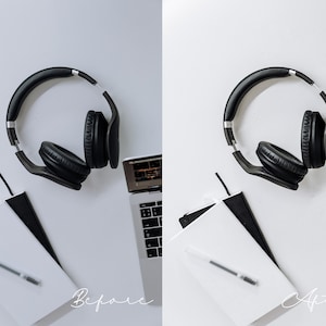 May include: A white desk with a black laptop, two notebooks, a pen, and black headphones. The image is split in half, with the left side showing the original image and the right side showing the image after editing.