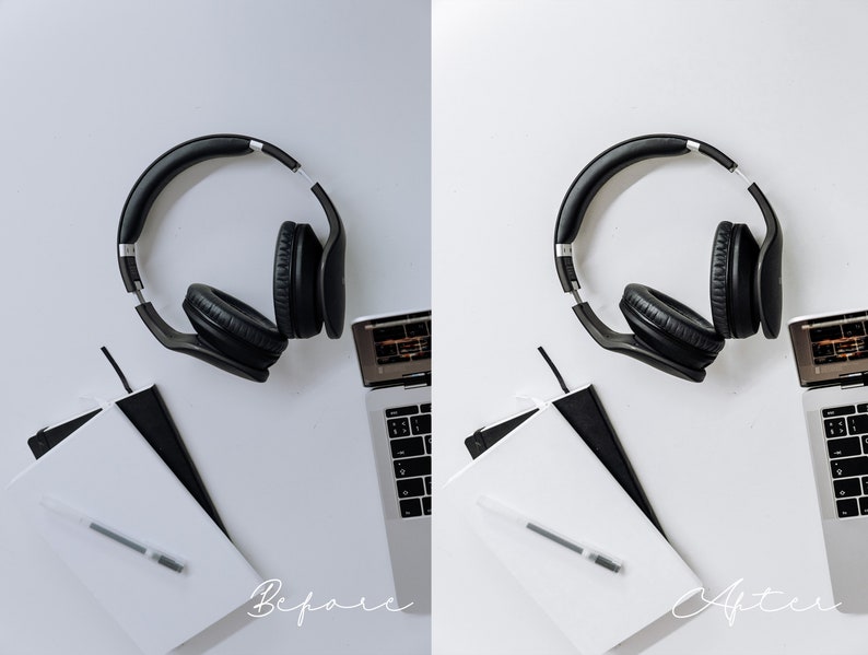 May include: A white desk with a black laptop, two notebooks, a pen, and black headphones. The image is split in half, with the left side showing the original image and the right side showing the image after editing.
