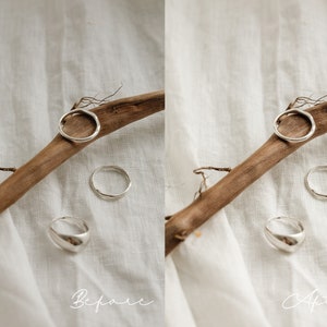 May include: A set of four silver rings on a light brown branch, with the branch resting on a white fabric surface. The rings are different shapes and sizes. The image is split into two sections, with the left side labeled "Before" and the right side labeled "After".