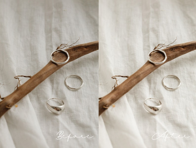 May include: A set of four silver rings on a light brown branch, with the branch resting on a white fabric surface. The rings are different shapes and sizes. The image is split into two sections, with the left side labeled "Before" and the right side labeled "After".
