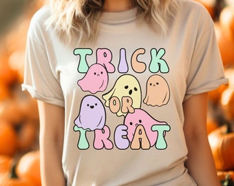 Ladies Trick or Treat Halloween tshirt. Ghost shirt for her. Womens sweet, cute costume. Halloween gift