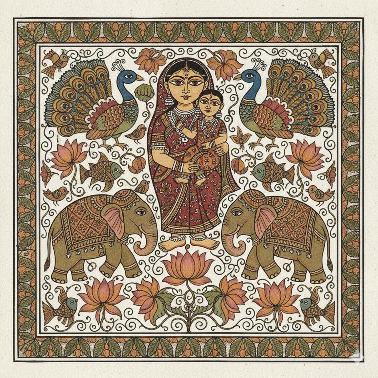 Madhubani Mother & Child Folk Art Print, Traditional Indian Painting ...