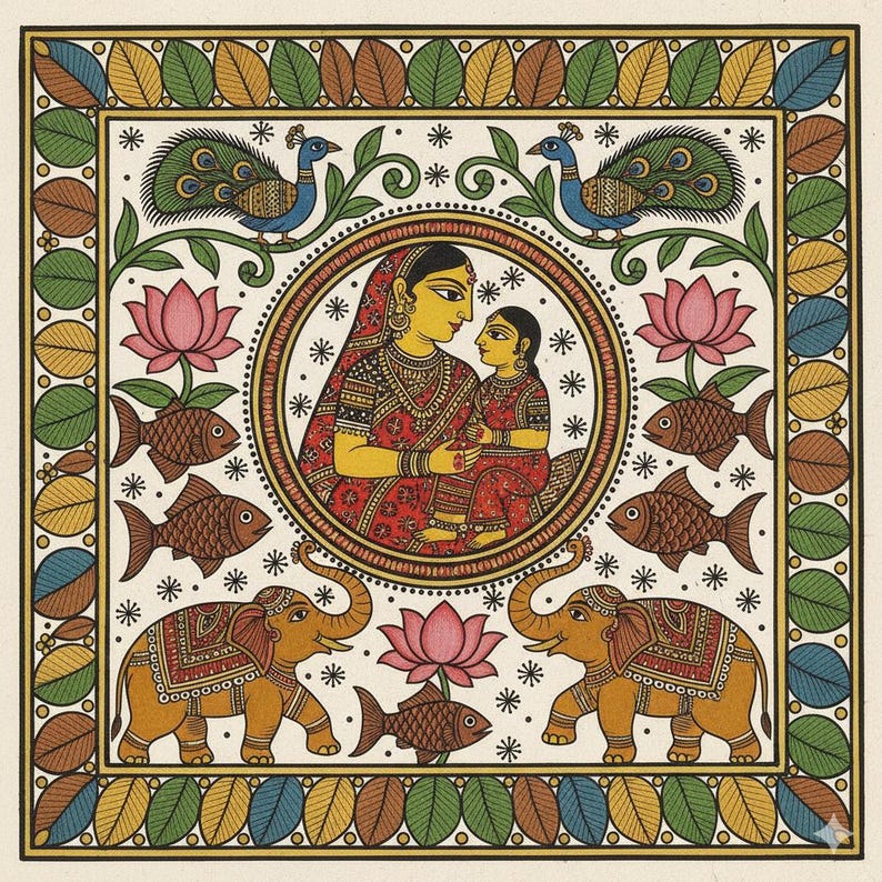 Madhubani Mother & Child Folk Art Print, Traditional Indian Painting ...