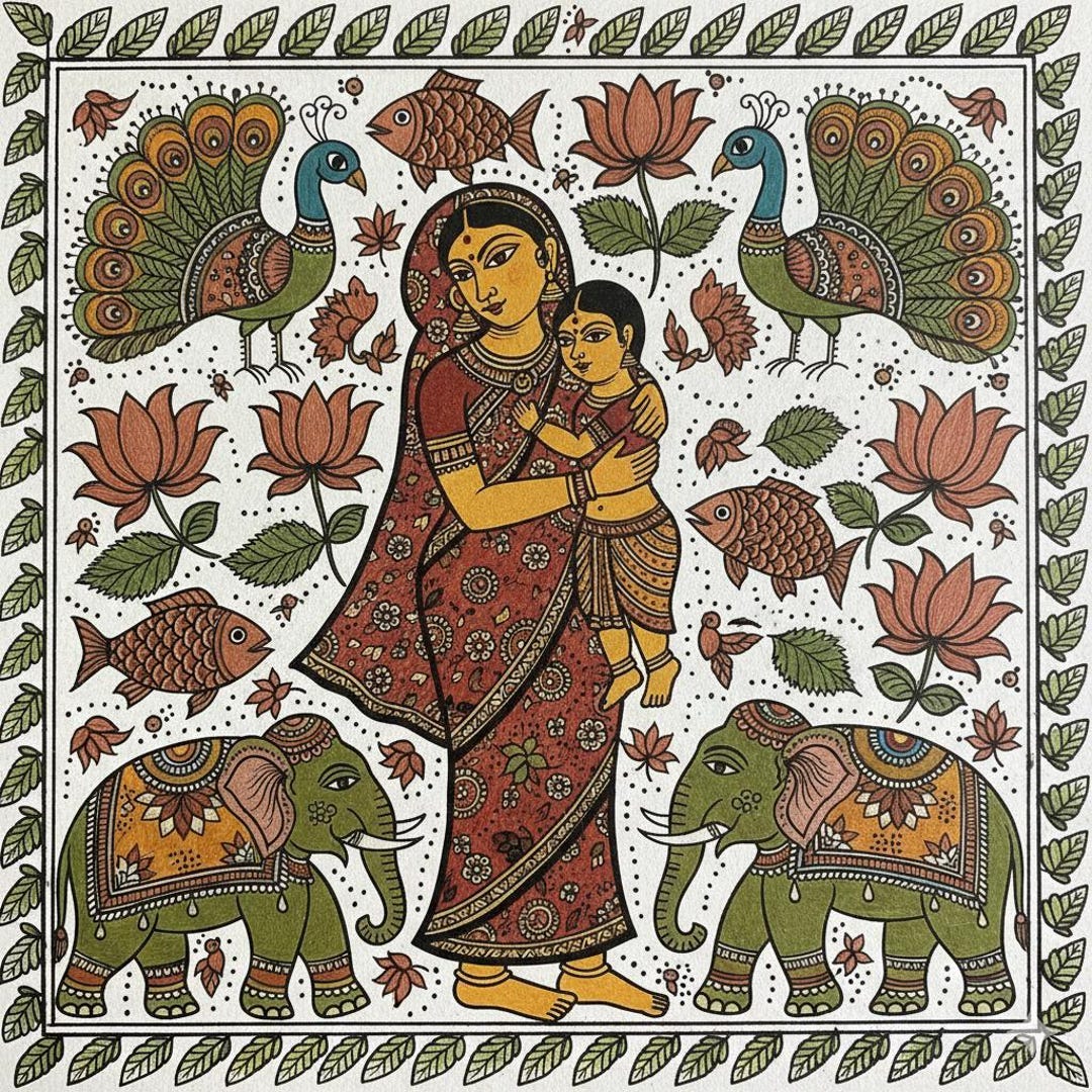 Madhubani Mother & Child Folk Art Print, Traditional Indian Painting ...