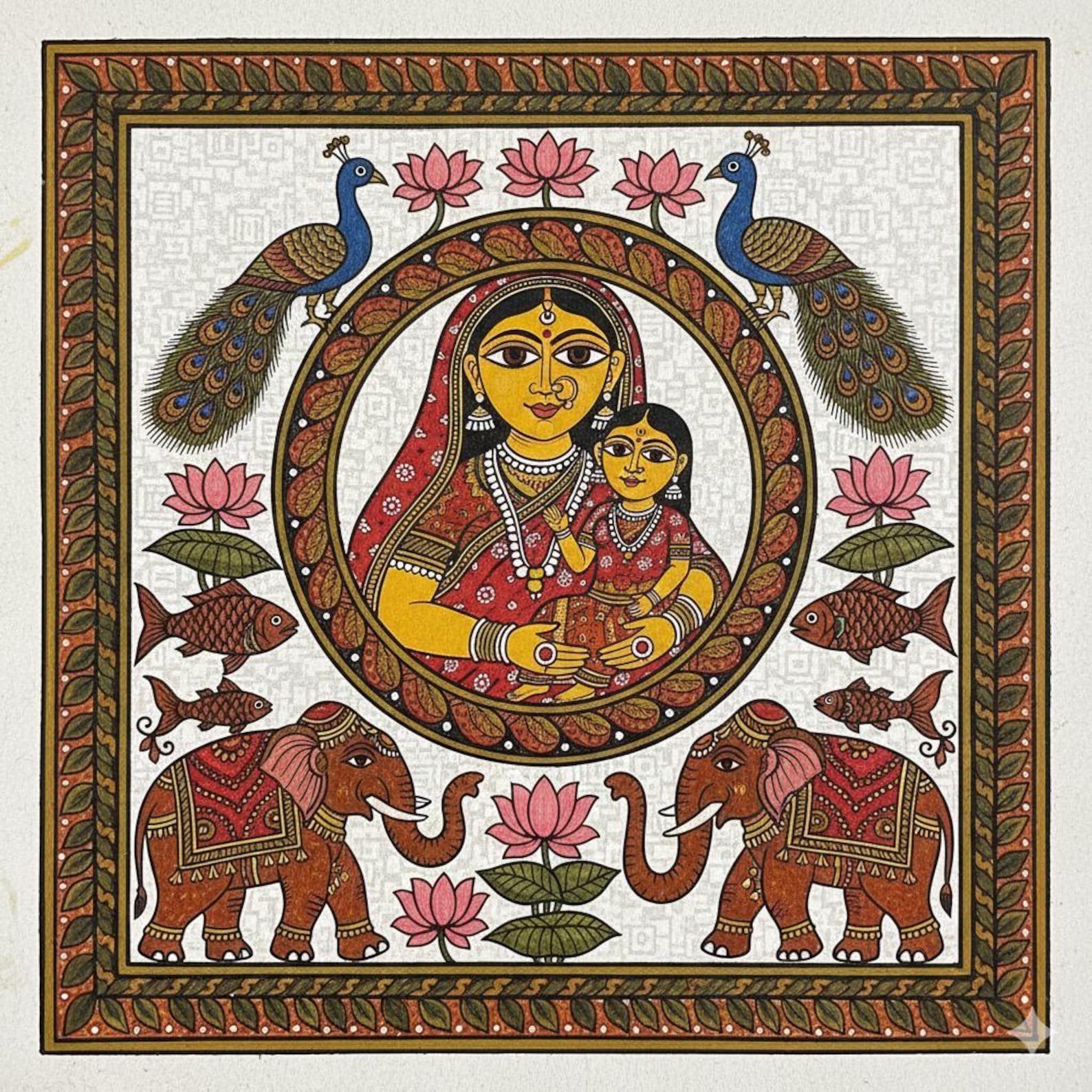 Madhubani Mother & Child Folk Art Print, Traditional Indian Painting ...
