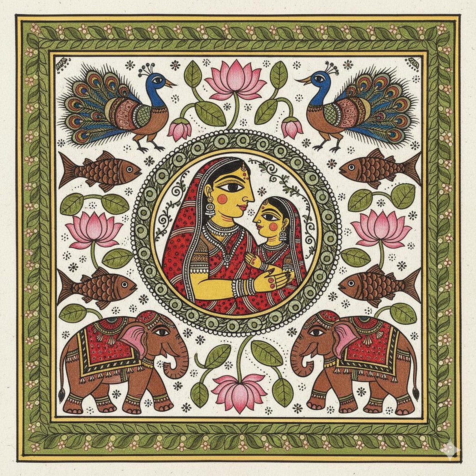 Madhubani Mother & Child Folk Art Print, Traditional Indian Painting ...