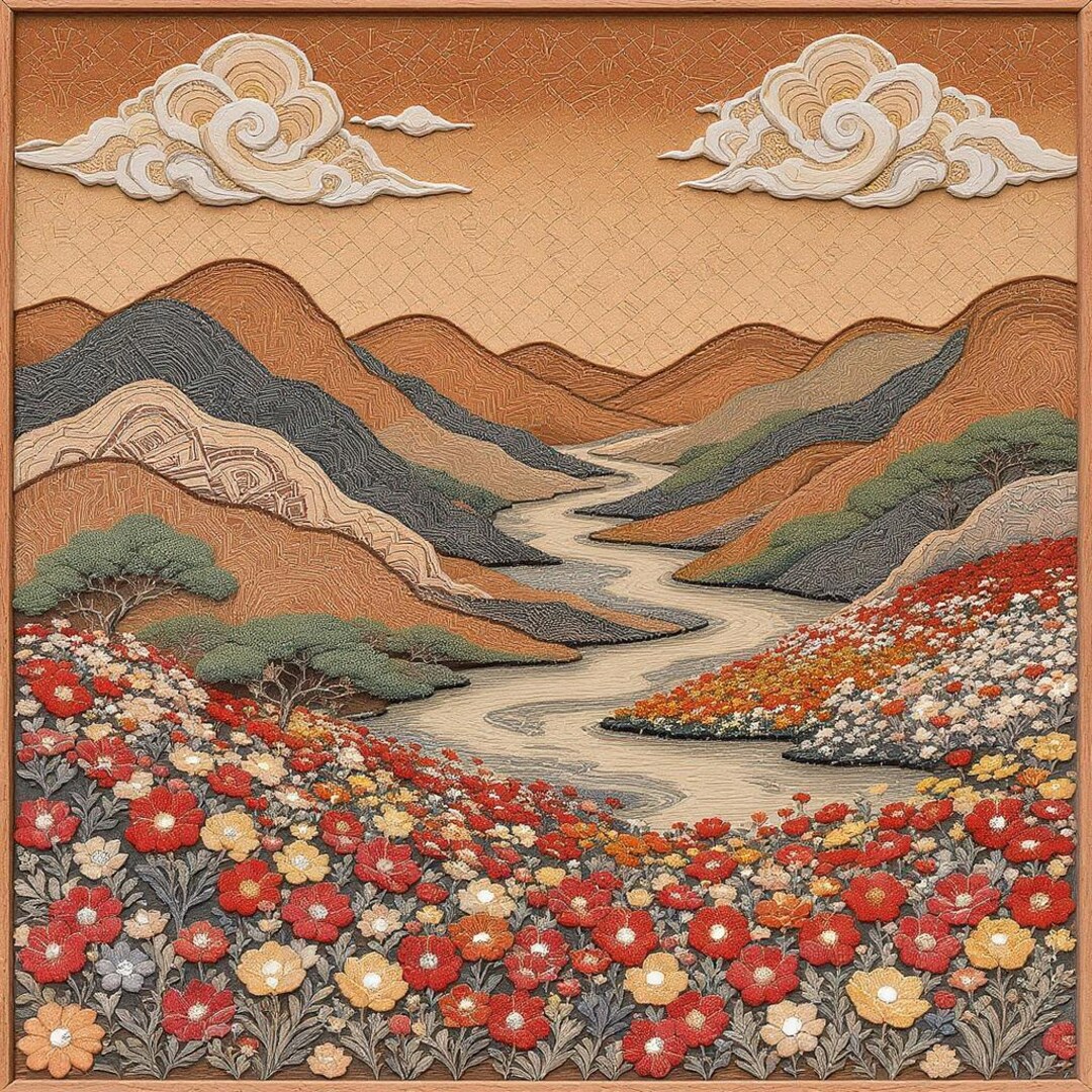 Vibrant Lippan Art Landscape With Blooming Flowers and Shimmering