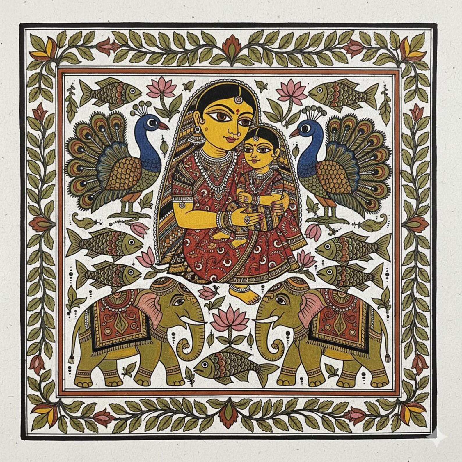 Madhubani Mother & Child Folk Art Print, Traditional Indian Painting ...