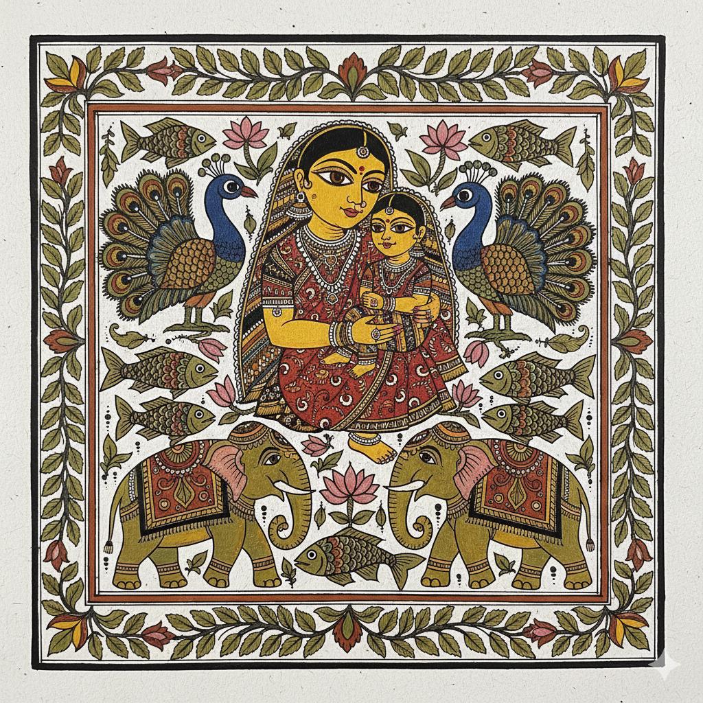 Madhubani Mother & Child Folk Art Print, Traditional Indian Painting ...