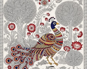 May include: A colorful peacock illustration with a detailed pattern, standing amidst stylized trees and flowers. The artwork features red, blue, yellow, and white hues, with fish and turtles at the bottom. The image is framed with a black and white border.
