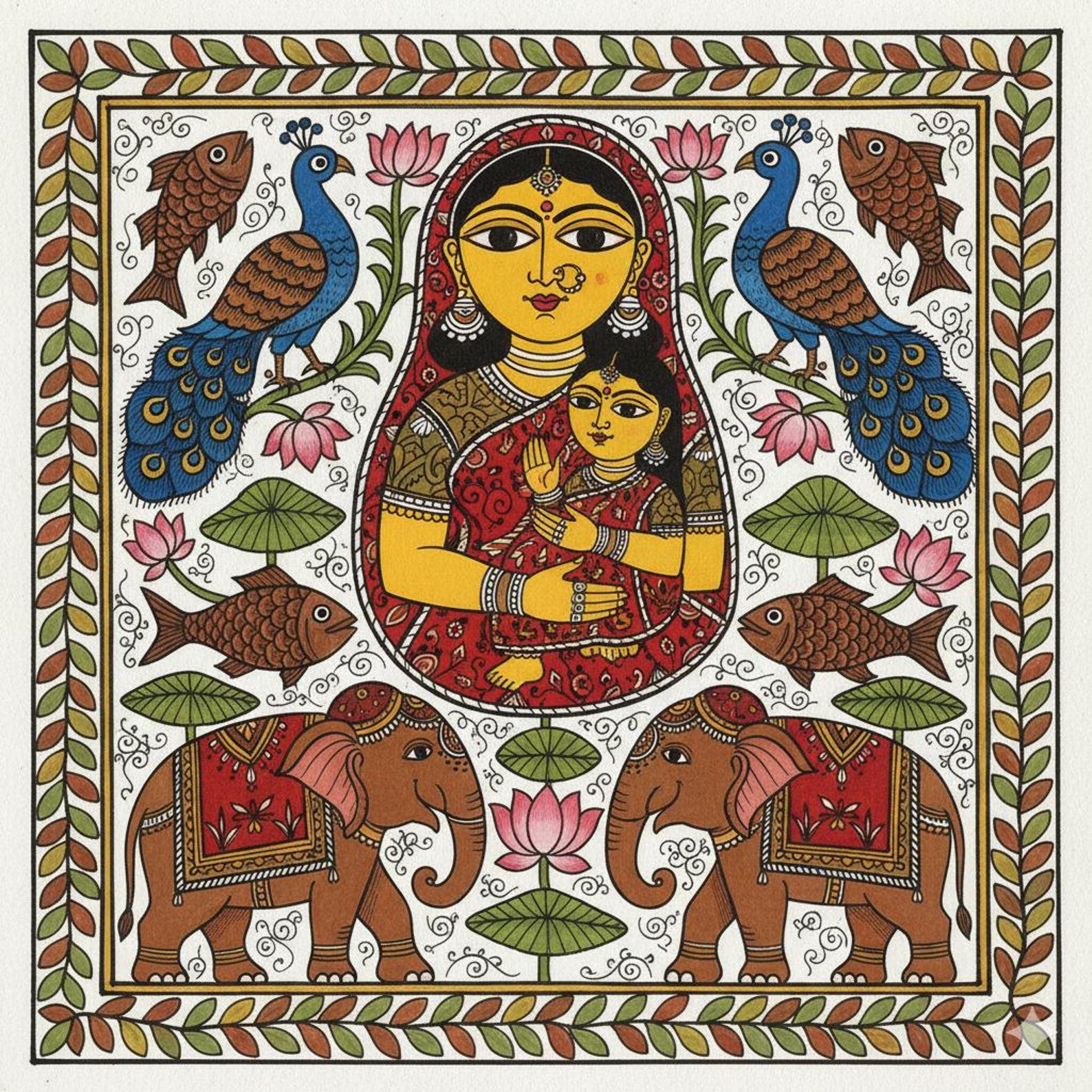 Madhubani Mother & Child Folk Art Print, Traditional Indian Painting ...