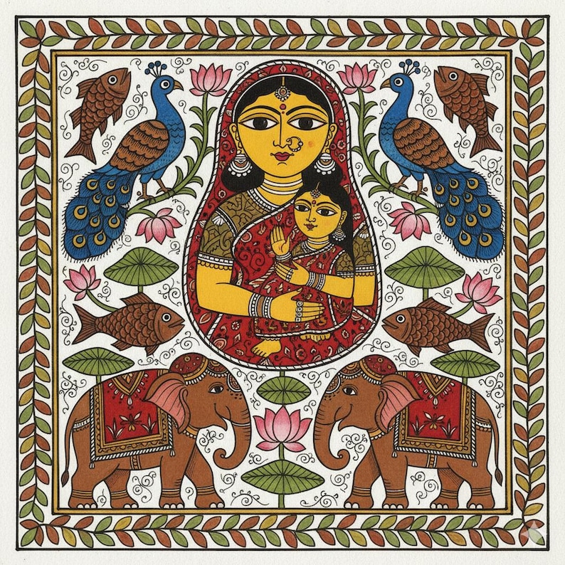Madhubani Mother & Child Folk Art Print, Traditional Indian Painting ...