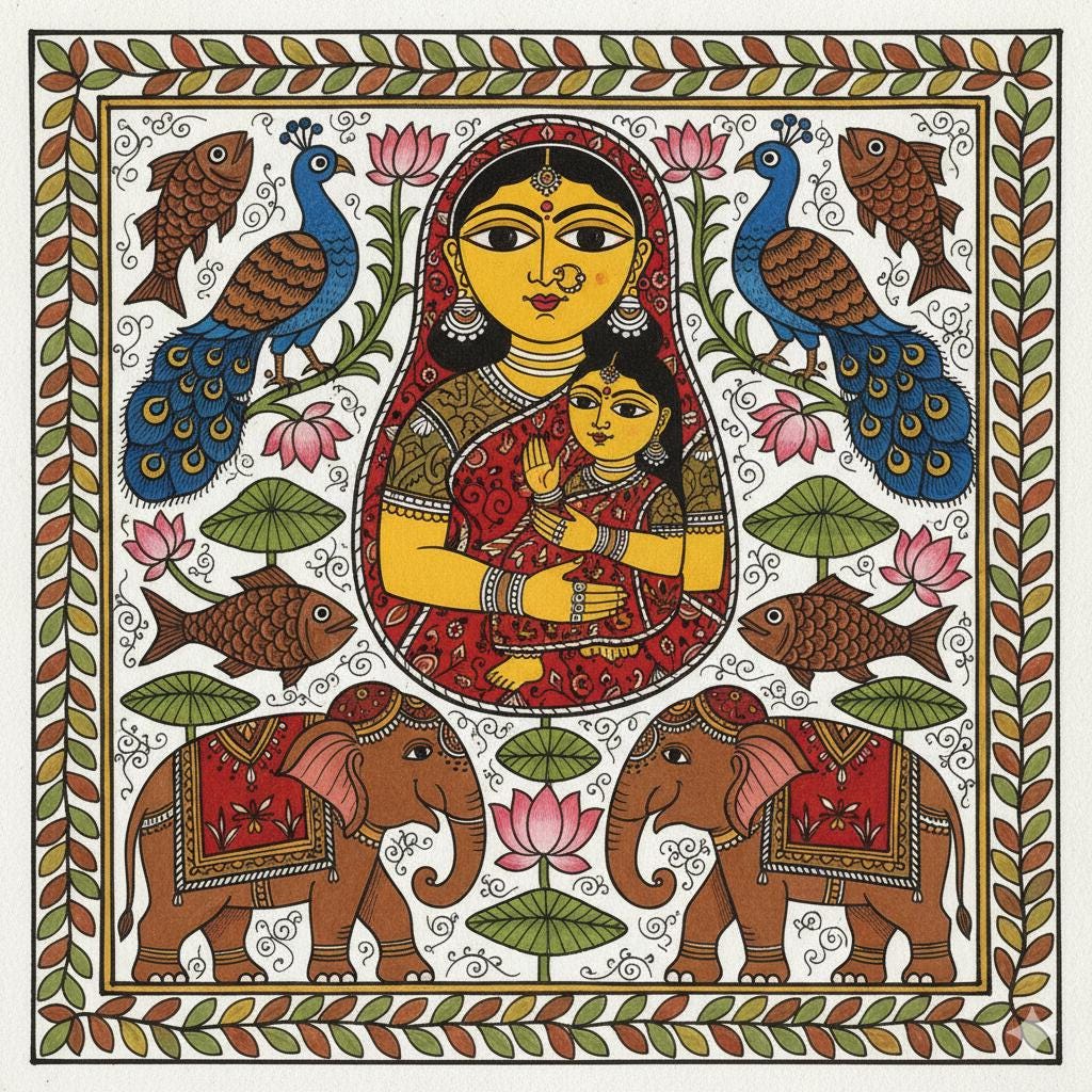Madhubani Mother & Child Folk Art Print, Traditional Indian Painting ...