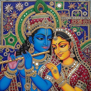 Può includere: Un dipinto vibrante raffigura due figure, un uomo dalla pelle blu che suona il flauto e una donna in abiti rossi e gialli. I dettagli intricati includono gioielli ornati, una piuma di pavone e uno sfondo decorativo con motivi floreali.