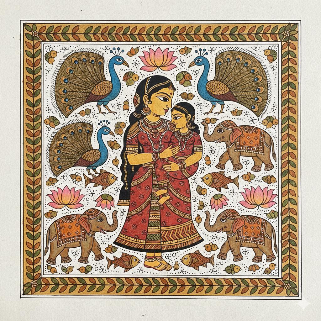 Madhubani Mother & Child Folk Art Print, Traditional Indian Painting ...