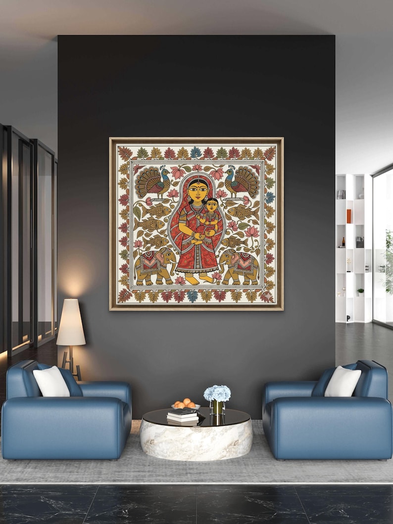 Madhubani Mother & Child Folk Art Print, Traditional Indian Painting ...