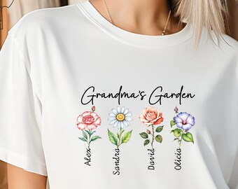 May include: White t-shirt with the text "Grandma's Garden" and four flowers with names "Alex", "Sandra", "David", and "Olivia" underneath.