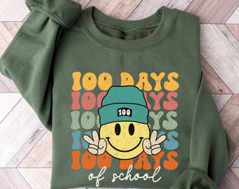 100 Days of School Sweatshirt, Retro Smiley Face Teacher Shirt