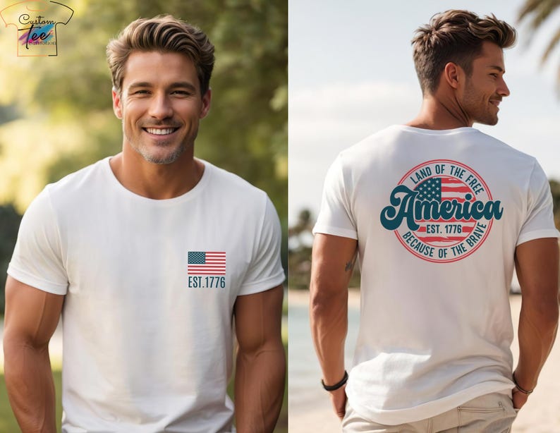 May include: A gray t-shirt with a small American flag on the front and a larger circle design on the back. The circle design features a larger American flag, the text "Land of the Free", "America", "Est. 1776", and "Because of the Brave".