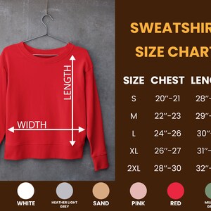 Puede incluir: Tabla de tallas para sudadera roja con medidas en pulgadas para el pecho y la longitud. Las tallas incluyen S, M, L, XL y 2XL.