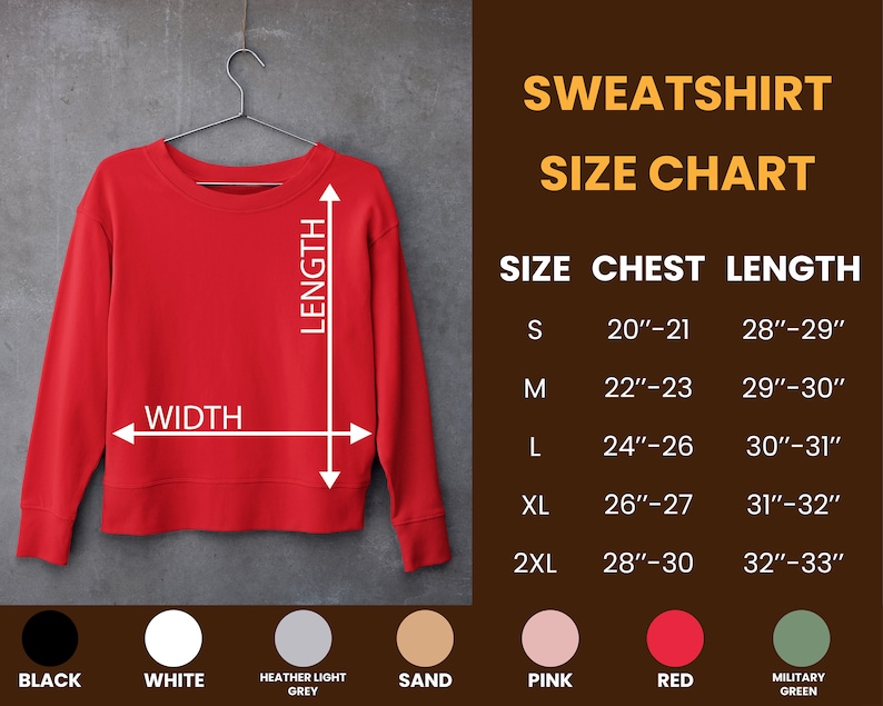 Puede incluir: Tabla de tallas para sudadera roja con medidas en pulgadas para el pecho y la longitud. Las tallas incluyen S, M, L, XL y 2XL.