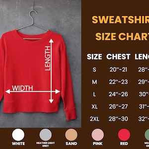K&ouml;nnte beinhalten: Gr&ouml;&szlig;entabelle f&uuml;r einen roten Pullover mit Ma&szlig;en in Zoll f&uuml;r Brustumfang und L&auml;nge. Die Gr&ouml;&szlig;en umfassen S, M, L, XL und 2XL.