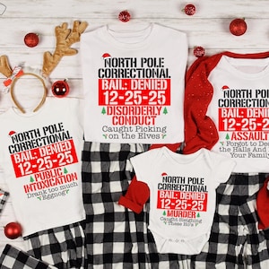 Nordpol-Korrektur-Weihnachts-Shirts, Weihnachtsmann-Inmate & Offizier-Matching-T-Shirts, lustige Feiertags-Pyjama-Oberteile