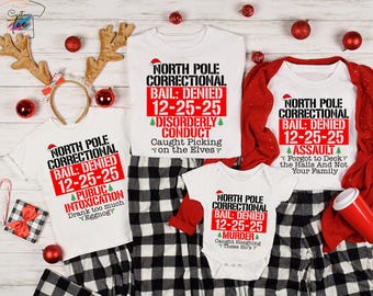 Camisetas navideñas de la Correccional del Polo Norte, camisetas a juego de Papá Noel para reclusos y oficiales, pijamas navideños divertidos