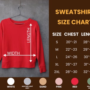 May include: Red sweatshirt size chart with measurements in inches for chest and length. Sizes include S, M, L, XL, and 2XL.