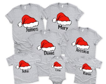 Custom Family Christmas Shirts: Santa Hat Name Matching Xmas Tee