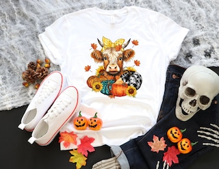 Maglietta Donna Autunnale Manica Lunga Con Scollo A V, Stampata Zucca E Tacchino, Per Halloween E Ringraziamento