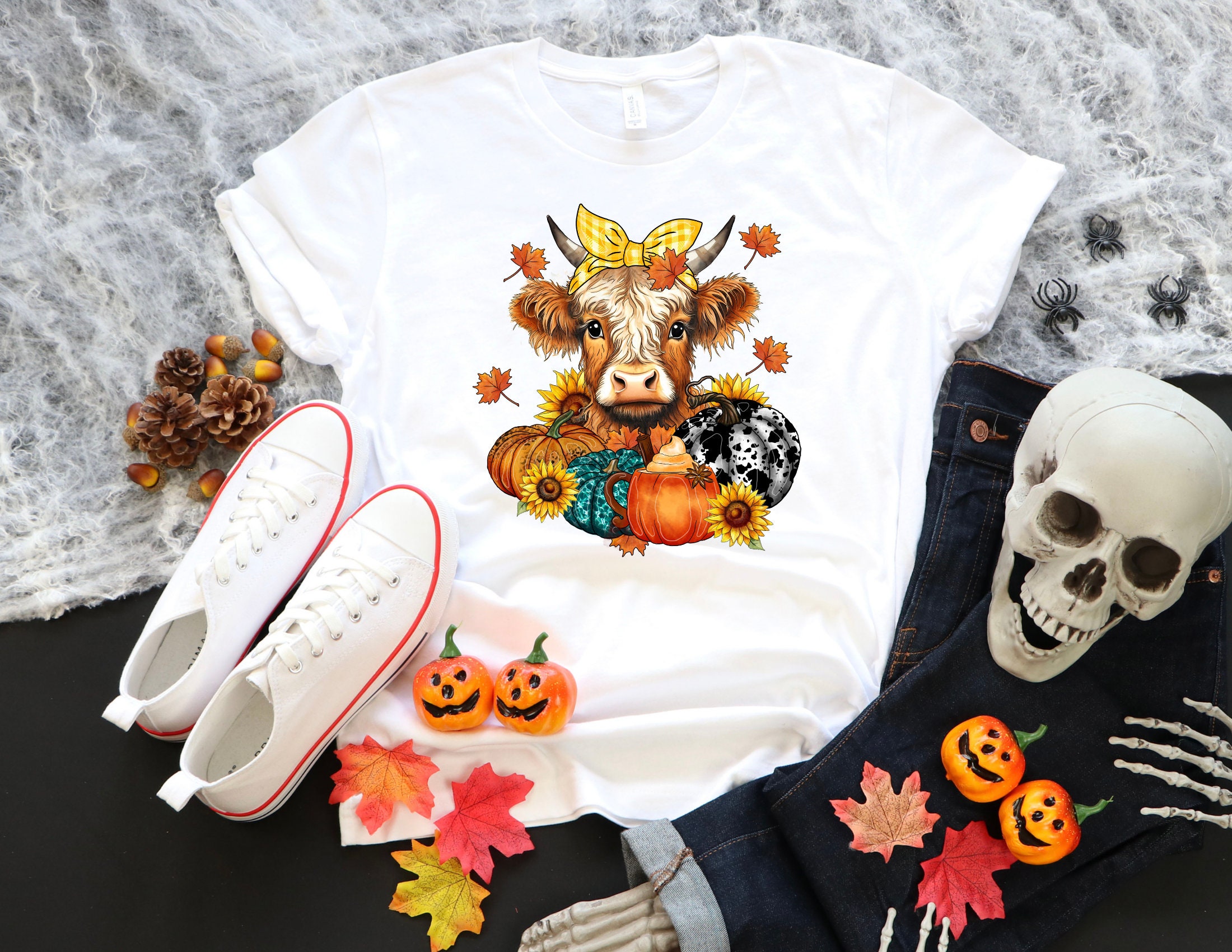 Maglietta Donna Autunnale Manica Lunga Con Scollo A V, Stampata Zucca E Tacchino, Per Halloween E Ringraziamento