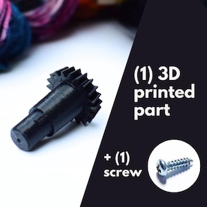 May include: A black 3D printed gear with a screw. The text (1) 3D printed part + (1) screw is visible in the image.