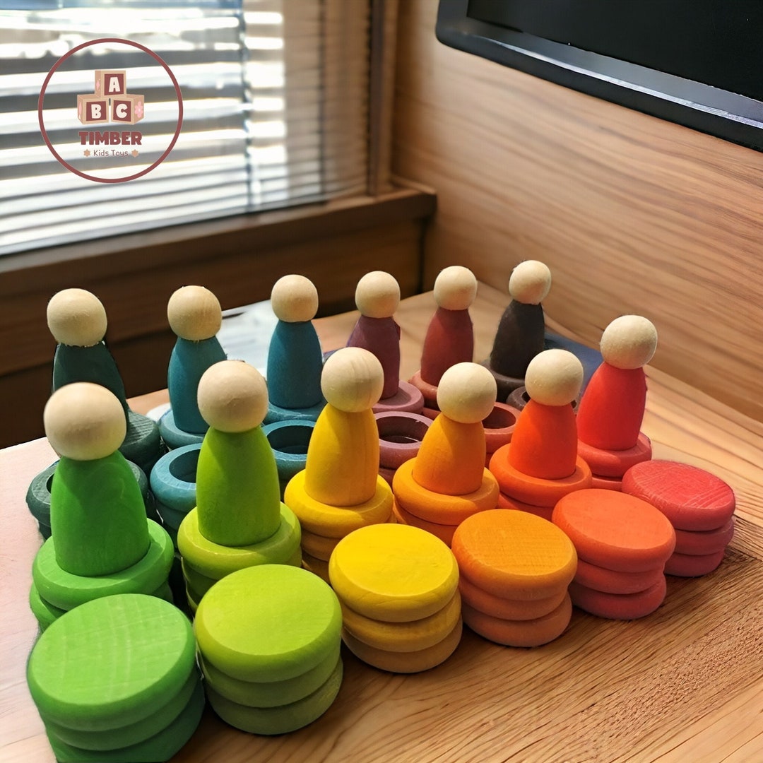 Kids Wooden Peg Dolls, Pastel Toys, Building Blocks, Stacking Blocks