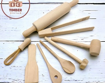 Équipement de cuisine en bois, ustensiles de cuisine en bois pour enfants, outils de cuisine en bois, jouets de cuisine Montessori, jouets pour enfants non toxiques.