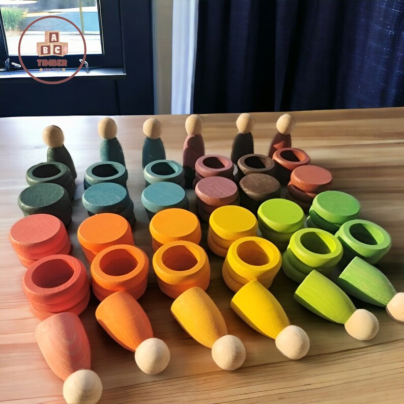 Kids Wooden Peg Dolls, Pastel Toys, Building Blocks, Stacking Blocks