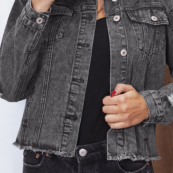 Gray Cut-out Distressed Denim Jacket. Turn Down Collar and  Buttons.