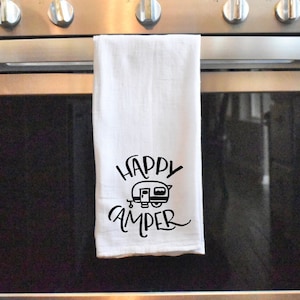 Happy Camper Towel. Handmade Screen print Towel. Funny Dish Towel. Camper Tea Towel.