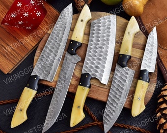5 Pcs Custom Handmade Damascus Chef Set, Kitchen Knives, Damascus Chef knife, Damascus Chef Set, Hand Forged Chef Knife, Gift for Men USA
