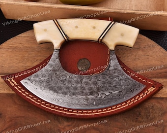 Hand Forged Damascus Steel Ulu Knife, Kitchen Knife, Ulu Chef Knives, Damascus Chef Knife, Personalized Chef Knife Anniversary Gift for Men