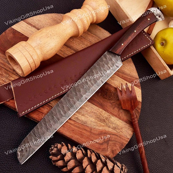 Custom handmade Damascus Steel Full Tang Bread Knife, Damascus Kitchen knife, Chef Knife, Anniversary & Birthday Gift for Men, Gift for Him