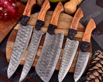 5 Pcs Hand Forged Damascus Steel Chef Set, Damascus Chef Knife, Damascus Chef Set, Kitchen Knives, Outdoor Cooking Knives, Handmade Knives